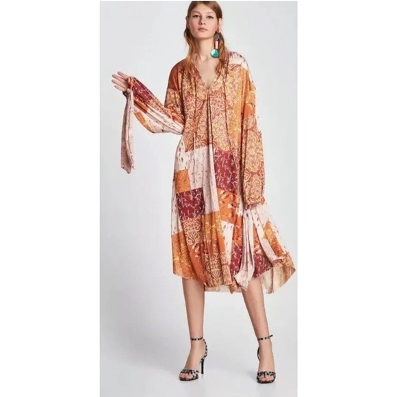 ZARA Oversized Patchwork Kaftan Boho Dress Size Medium - Picture 7 of 7